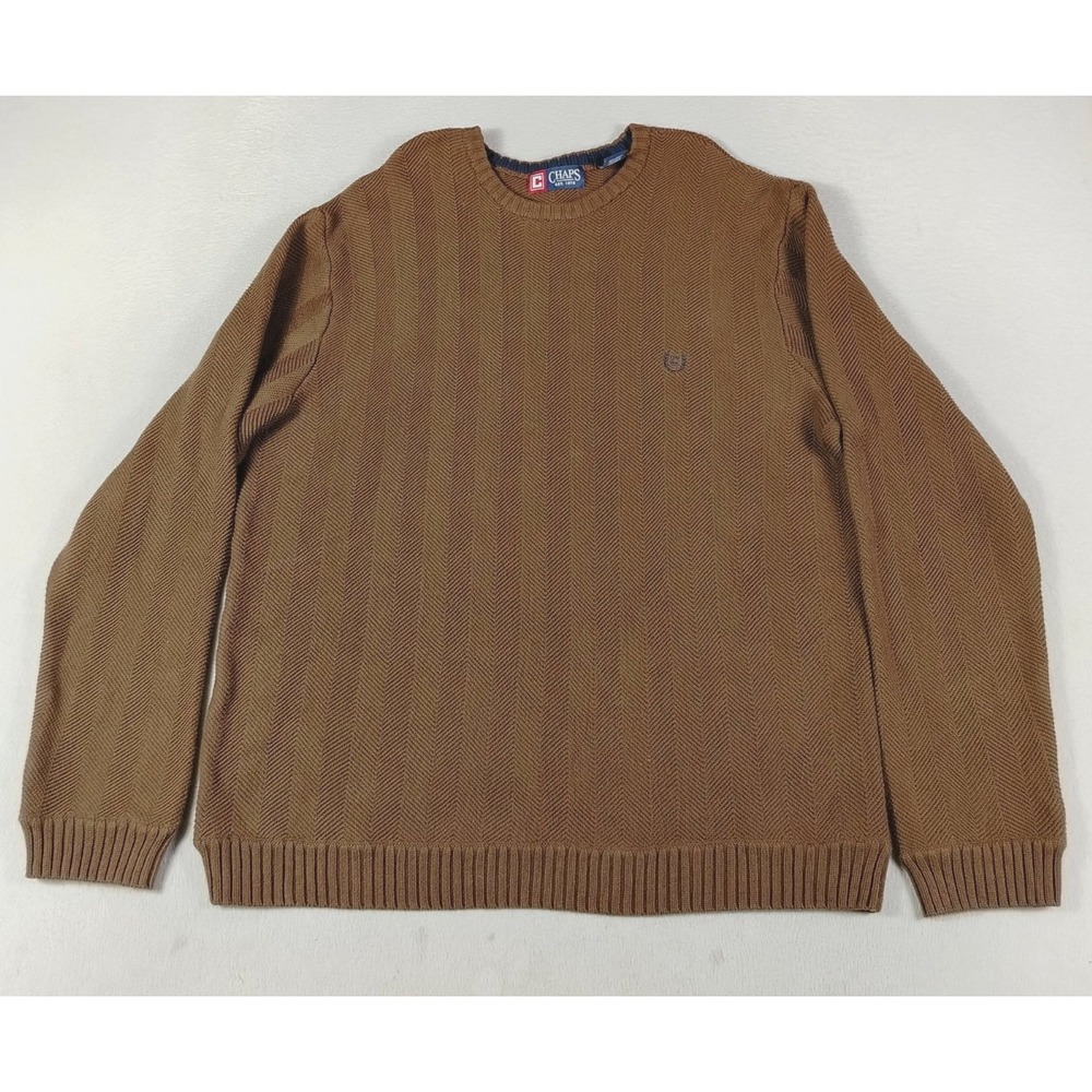 Chaps Sweater Mens XL Brown Herringbone Knit Crewneck 100% Cotton Pullover Work